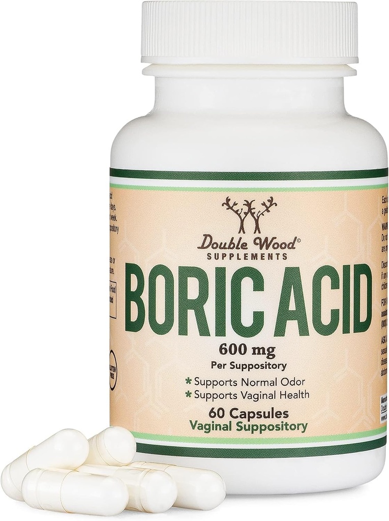 Boric Acid 套件(600mg 阴道套件,60个计数) 支持阴道pH平衡,食味控制(USP 医学级精粉,易溶,第三方测试) 由双木制成