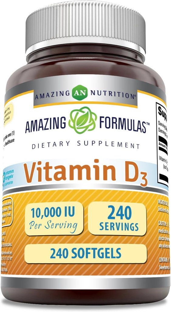 神奇的维生素D3(Cholecalciferol) 補充 + 10,000 IU → 240 Softgels → Non-GMO → Gluten-free → 美国制造