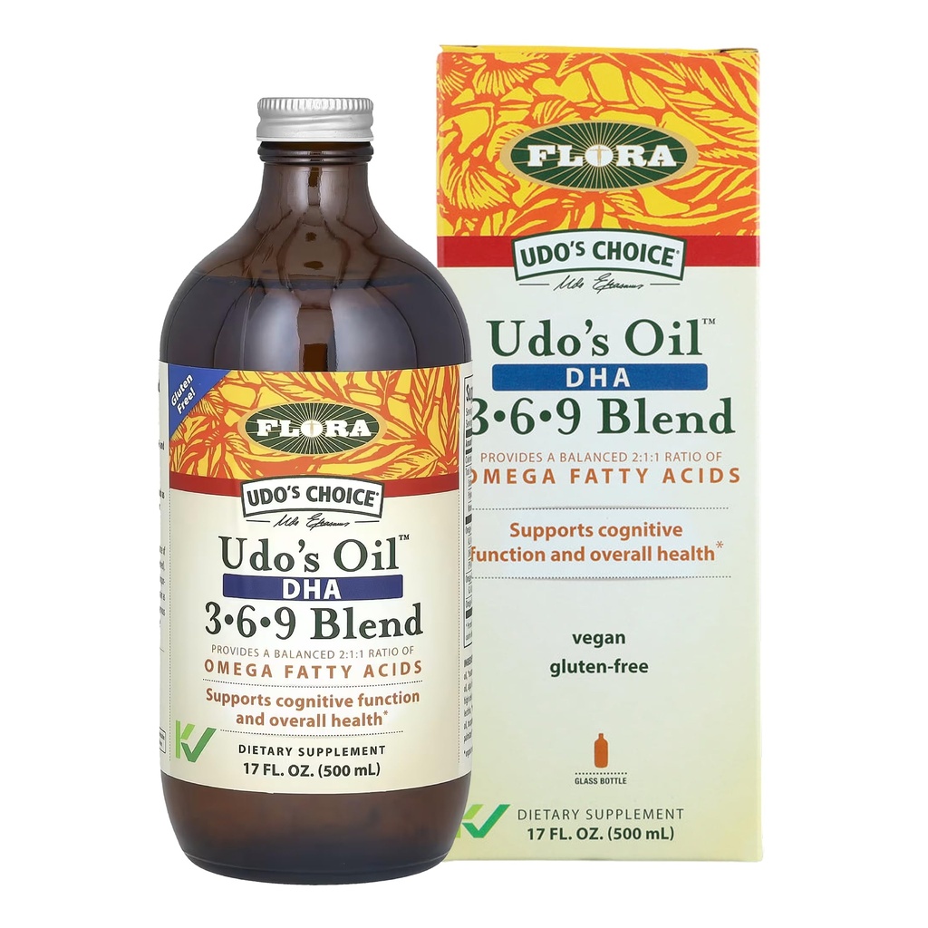 Flora - Udo's Oil DHA 3-6-9 Blend - 蔬菜眼与脑健康补充剂 - Omega-3 & Omega-6 - 包含葵花 & Flax种子油 - Kosher & Organization - Keep Chilled - 17 f.oz.