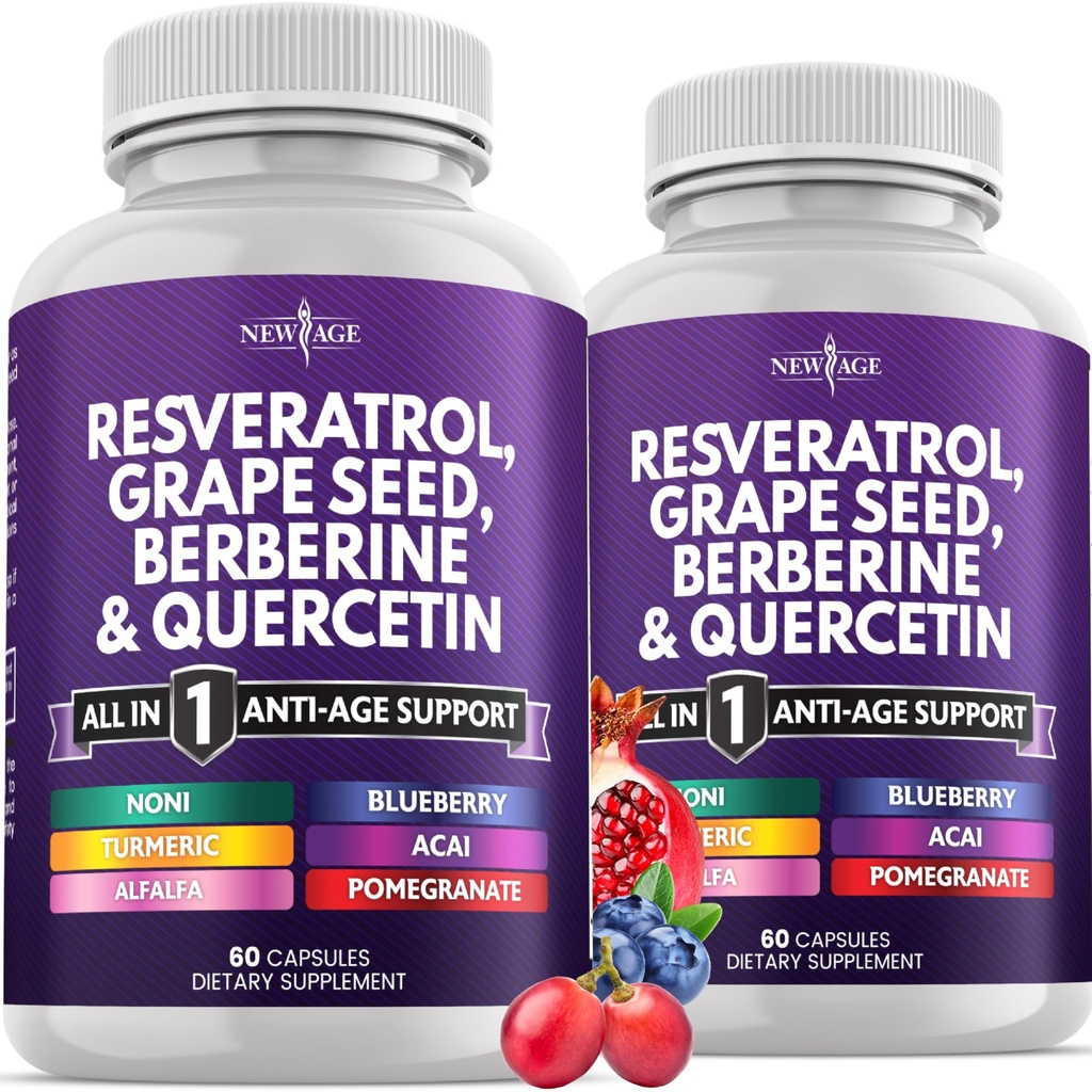 新AGE Resveratrol,柏柏林,葡萄种子提取物,Quercetin,多酚增生剂,N-Acetyl Cysteine,Acai提取物 - 120 Capsules