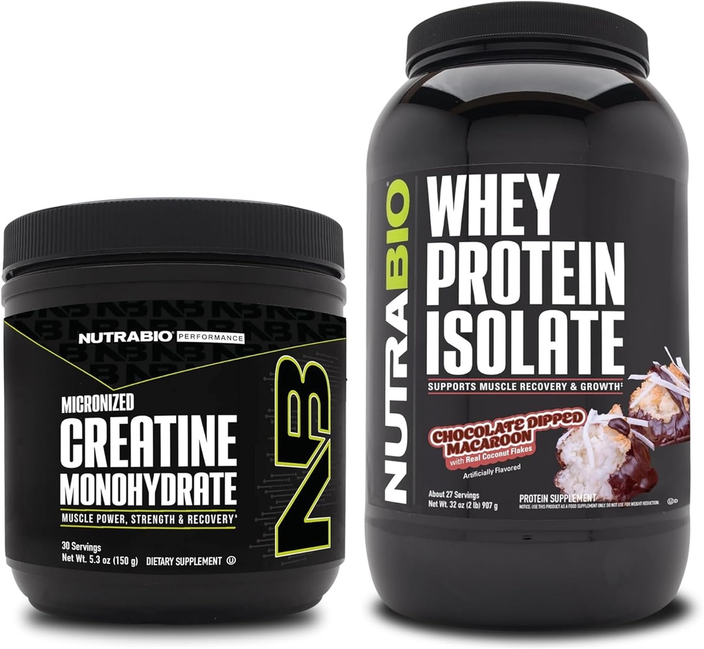 NutraBio Creatine Monohydrate, Unflavored, 150g 和 Whey蛋白酸盐,巧克力浸泡麦卡龙, 补充包 - 肌肉能源, 利安肌肉生长,恢复和强力