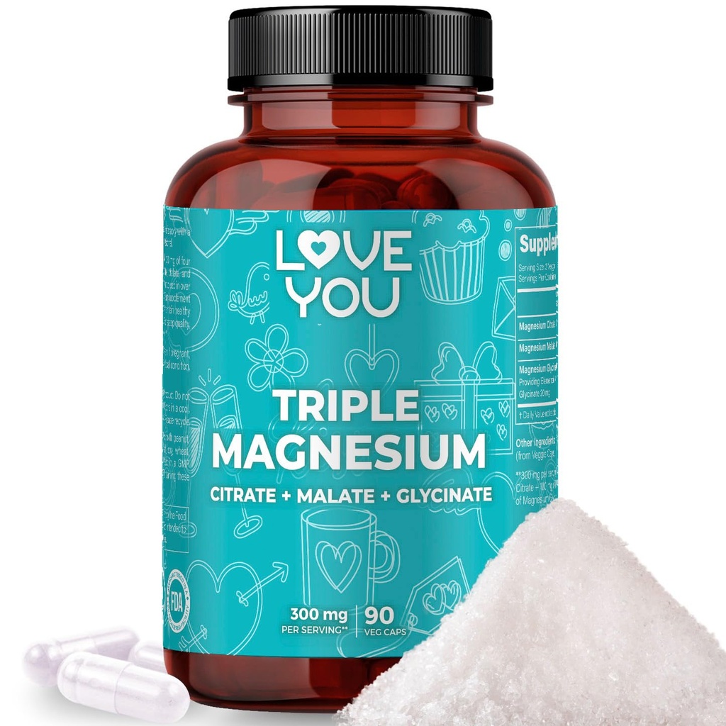 Love You threeple Magnesium Complex – 300 mg / service, Premium Magnesium Glycnate, Citrate & Malate – 高吸收肌肉, Nerve & Sleep Support, 90 Veggie Capsules – 制造于美国