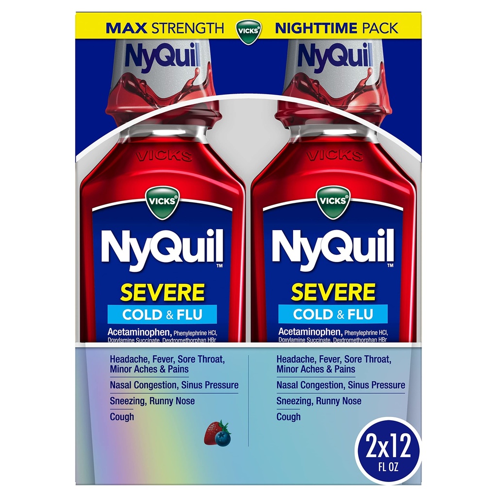 Vicks NyQuil SEVERE Cold, Flu, and Contracting Medicine, 2x12 fl oz双包, Berry Flavor, 最大力量, 夜间救济