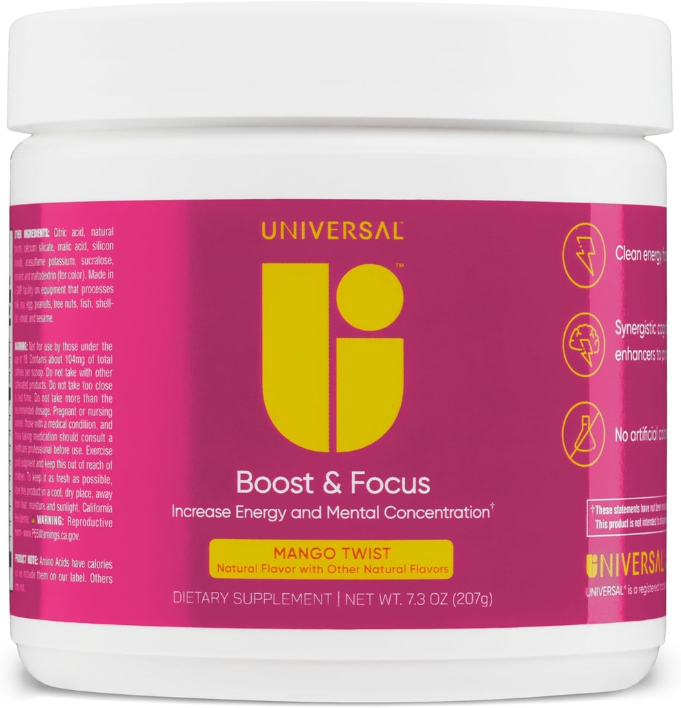 Universal U Boost & Focus粉, 增加能量和认知性能, 预修, 自定义多辛, VIT B12, Niacin, Choline, L- Tyrosine, 无人工火焰, 30 services( Mango Twist)