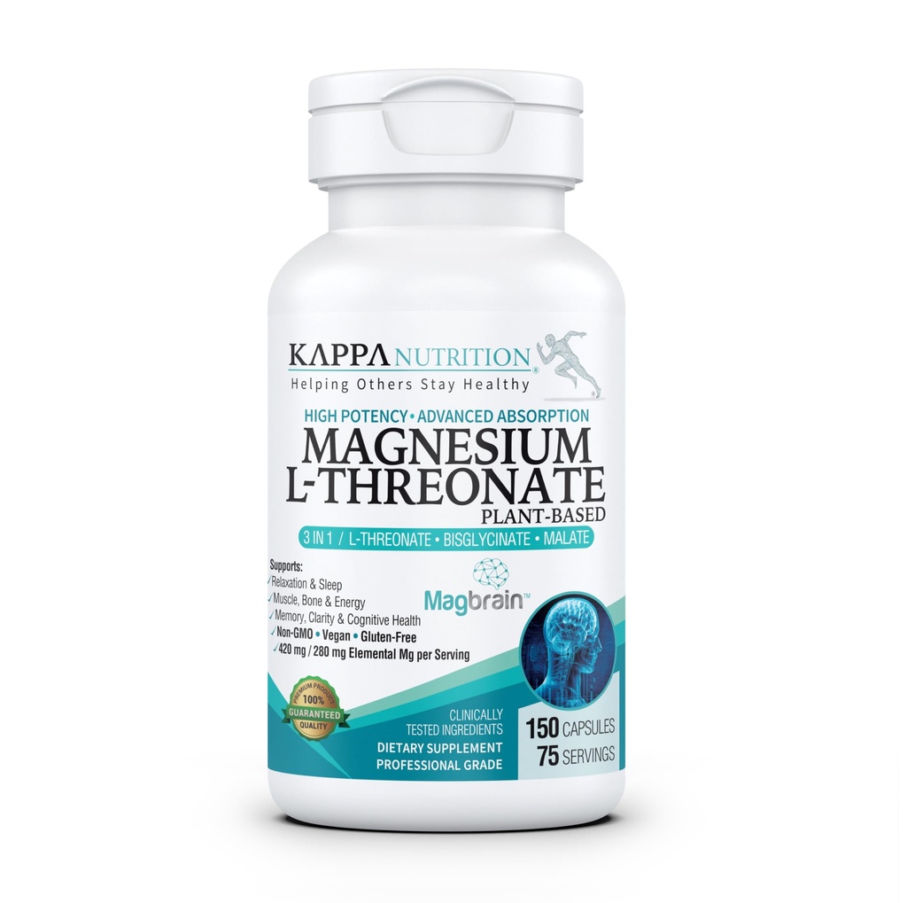Kappa营养由MagbrainTM Magnesium L-Threonate Planet-Based,从2,253mg,150 Vegan Capsules,大脑,睡眠和肌肉支持得到420mg元素镁(3 Capsules).