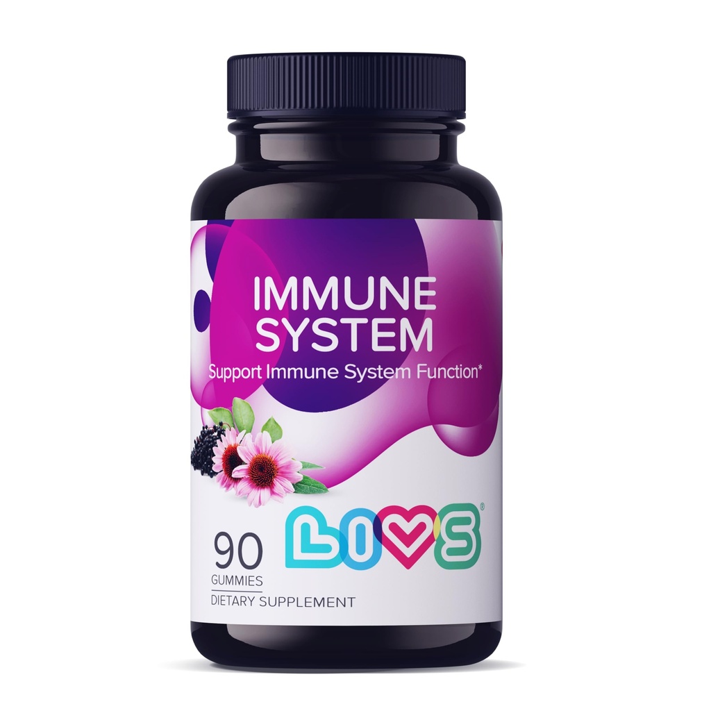 LIVS Imune System Elderberry Gummys for addles & Kids 高级Imune支助补编,配有维生素C, Echinacea, & Propolis β Vegan & Gluten Free Gummy Vitamins → 200mg 老年莓/Dose-90 Ct