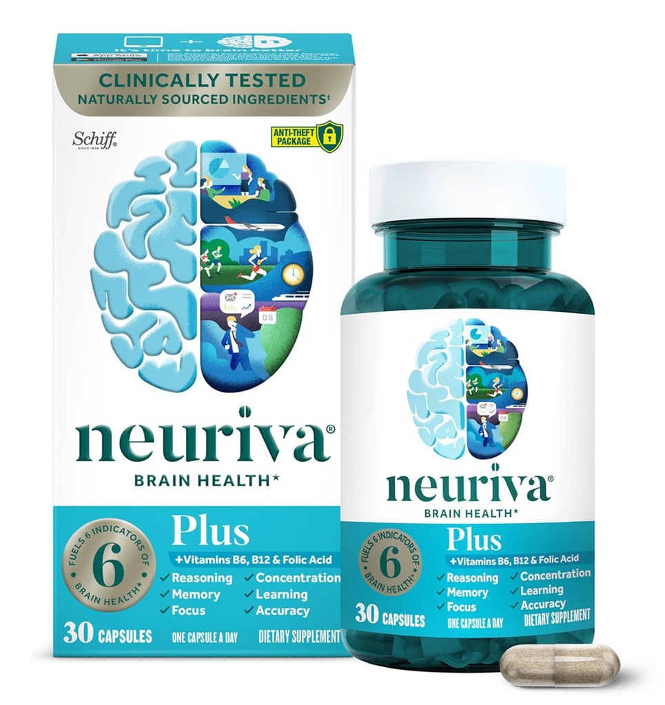 NEURIVA + 记忆、焦点和浓度+认知功能的脑增量,临床测试的诺托品 Phosphatidylserine 和神经元因子,维生素 B6 和 B12, 30 Cont Capsules