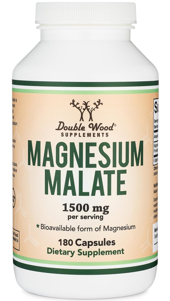 Magnesium Malate Capsules (180 count) - 1,500 mg per service (Magnesium bonding to Malic Acid),第三方测试, Vegan 友好,双木补品自由胶囊