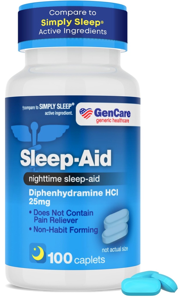 GenCare - 睡眠援助二苯胺 HCL 25mg 蓝盖(100卡普) - 成人非哈比特人形成夜眠药丸(英语:Non Habit forming nighttime sleeping pills for Allsleep fast and Sleep Deeper through The Night - 睡眠援助