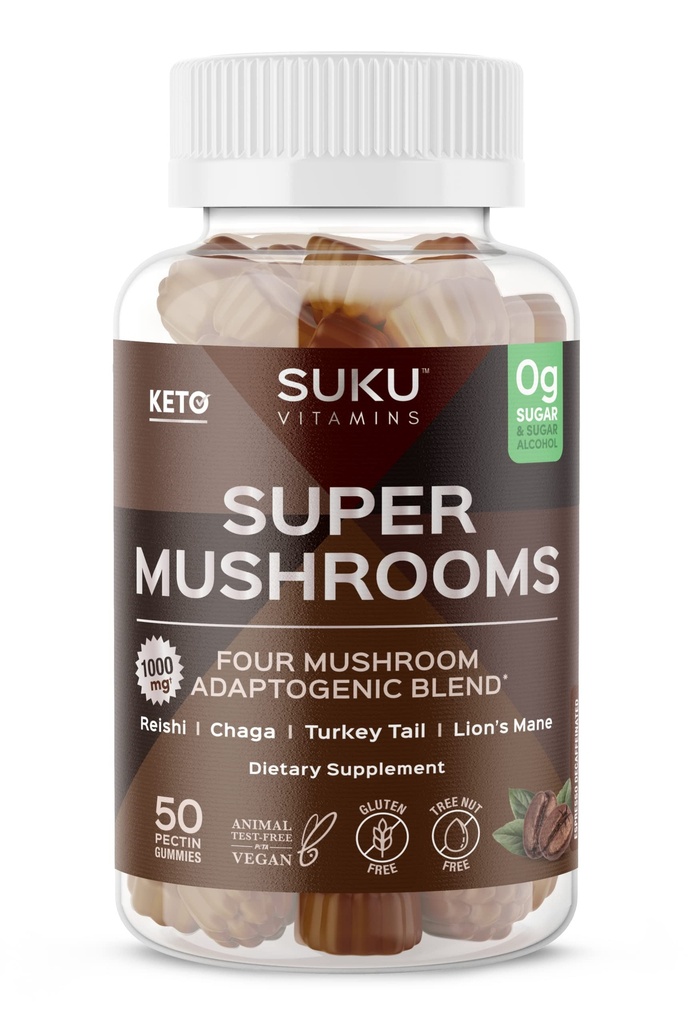 SUKU 维生素 - 超级蘑菇 - Reishi Chaga,土耳其 Tail & Lions Mane Blend Gummys 豁免 - 对Chew来说容易 - 非转基因O, Gluten Sugar Free - Espresso Deceaffined Gummy 维生素, 50 Counter