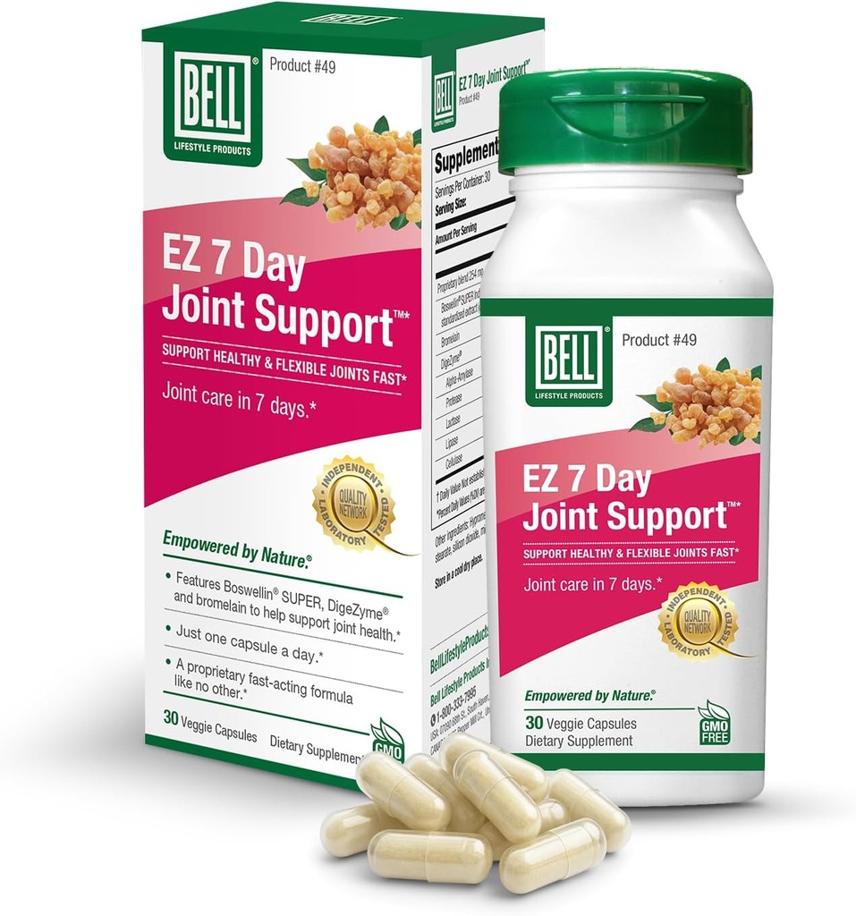 Bell EZ 7日联合支援TM - 快速行动,一次-每日联合保健补编 - 帮助Relieve Knee Pain,Swelling & 支持肌肉复苏 - Vegan - 30 Capsules