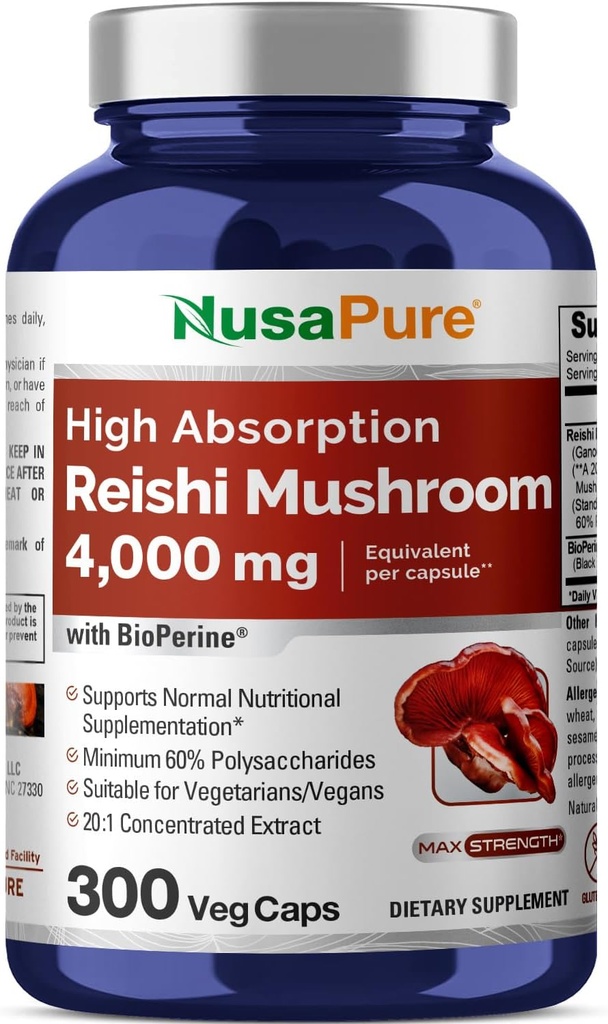 NusaPure Reishi 蘑菇 摘录 20:1 提取物,每瓶200毫克至4000毫克