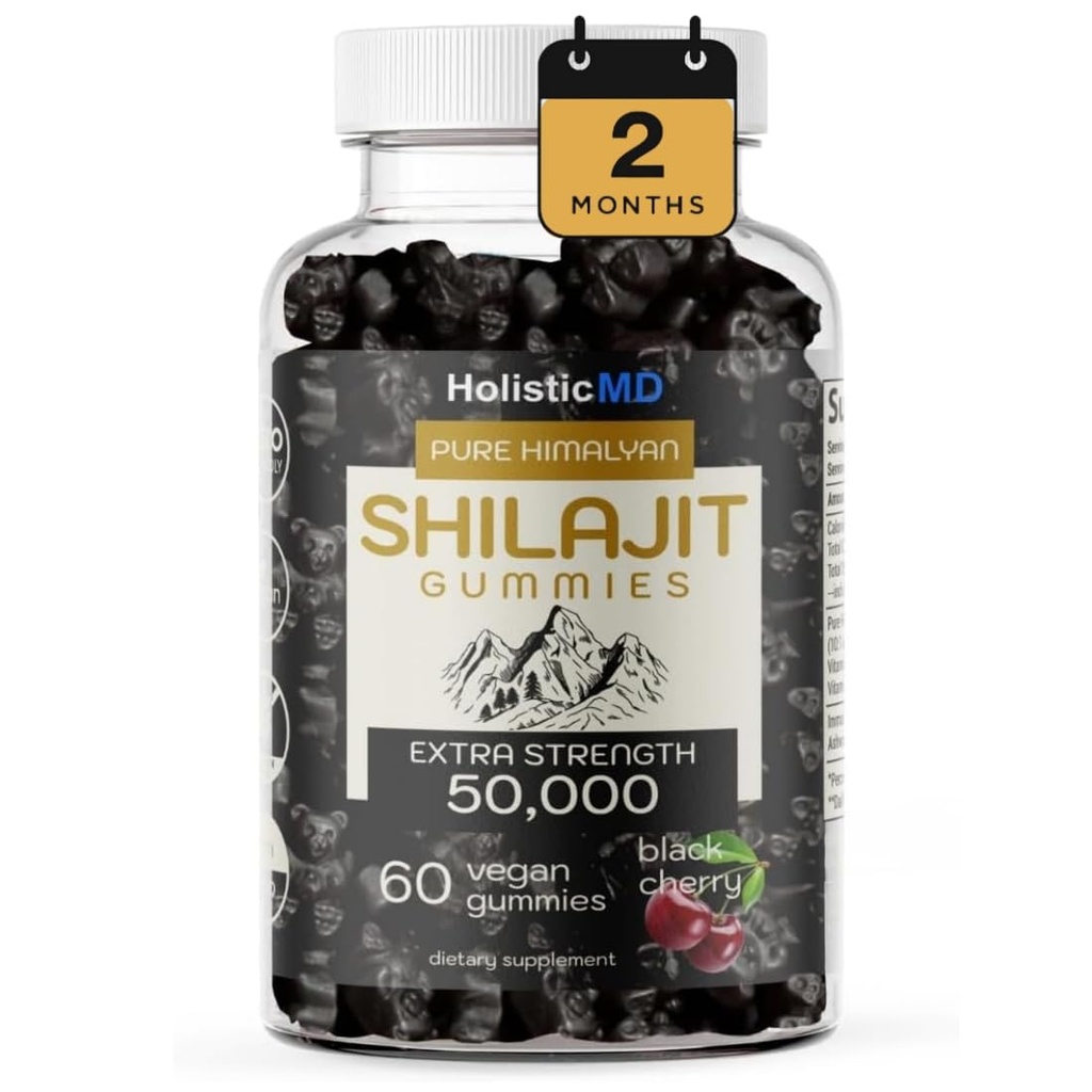 Shilajit Gummys for Men Women Pure Himalayian Extra Strenght 50,000 Resin 支持代谢主义 支持阿斯瓦甘达西伯利亚查加 2个月供应 Vegan Keto 友好樱桃 60 Gummys