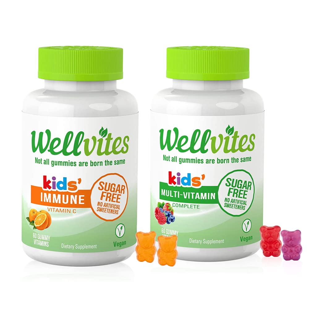 Wellvits Kids Multivitamin & Immune Daily Gummys Bundle - 无糖, Vegan, 非GMO - 儿童维生素 - 儿童维生素 C - 儿童维生素支持 - 无人工甜品 - 60 Counter