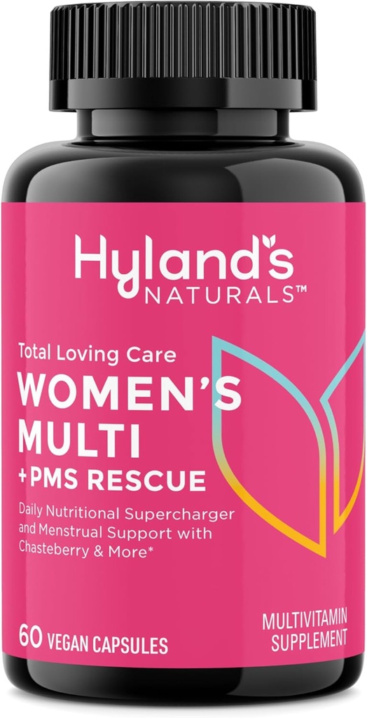 Hyland的《妇女全面关爱多维特敏》和《PMS救援》,60名Vegan Capsules配有L-Theanine的焦点和压力救济支助,配有Chasteberry和Dong Quai的月经支助