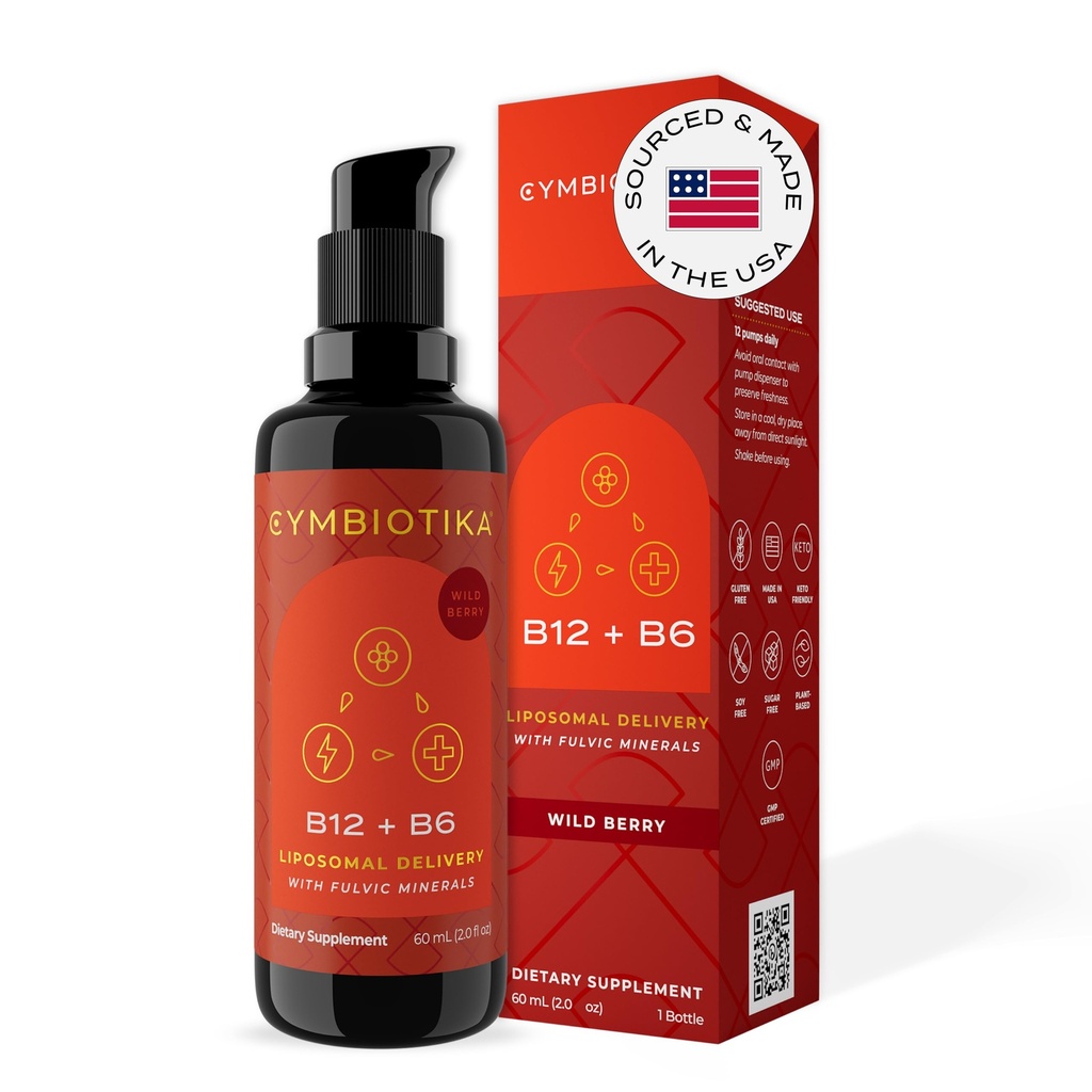 CYMBIOTIKA Liposomal Vitamin B12 液体补充剂,1250 mcg,支持能源,细胞生产,帮助加强头发,皮肤和钉子,非GMO,Gluten Free,Sugar Free,Keto & Vegan Friendly, 2 oz