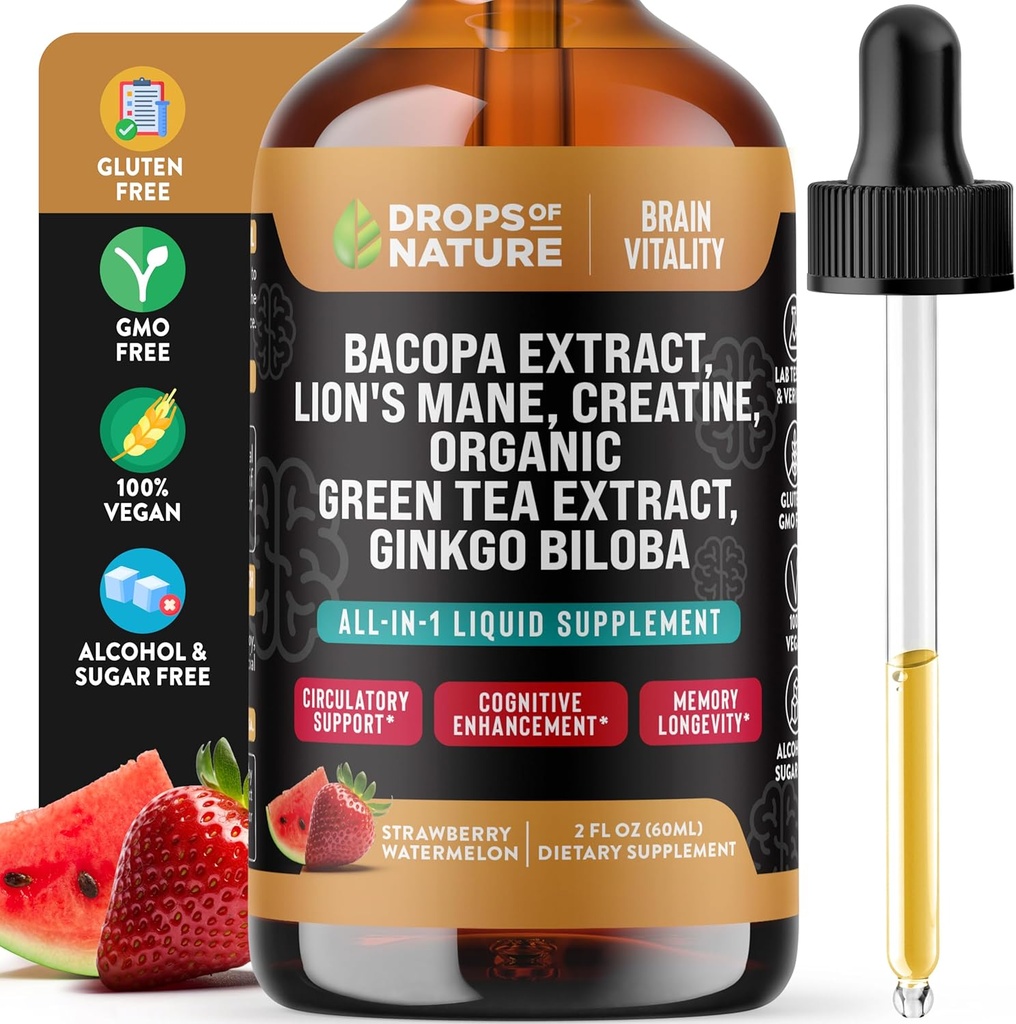 Creatine & Bacopa Liquid Drops with Lion's Mane, Green Tea & Ginkgo Biloba - 比Gummys & Pills更快的吸收混合剂 - Vegan 增强焦点和认知补充剂(草莓西瓜,60mL)