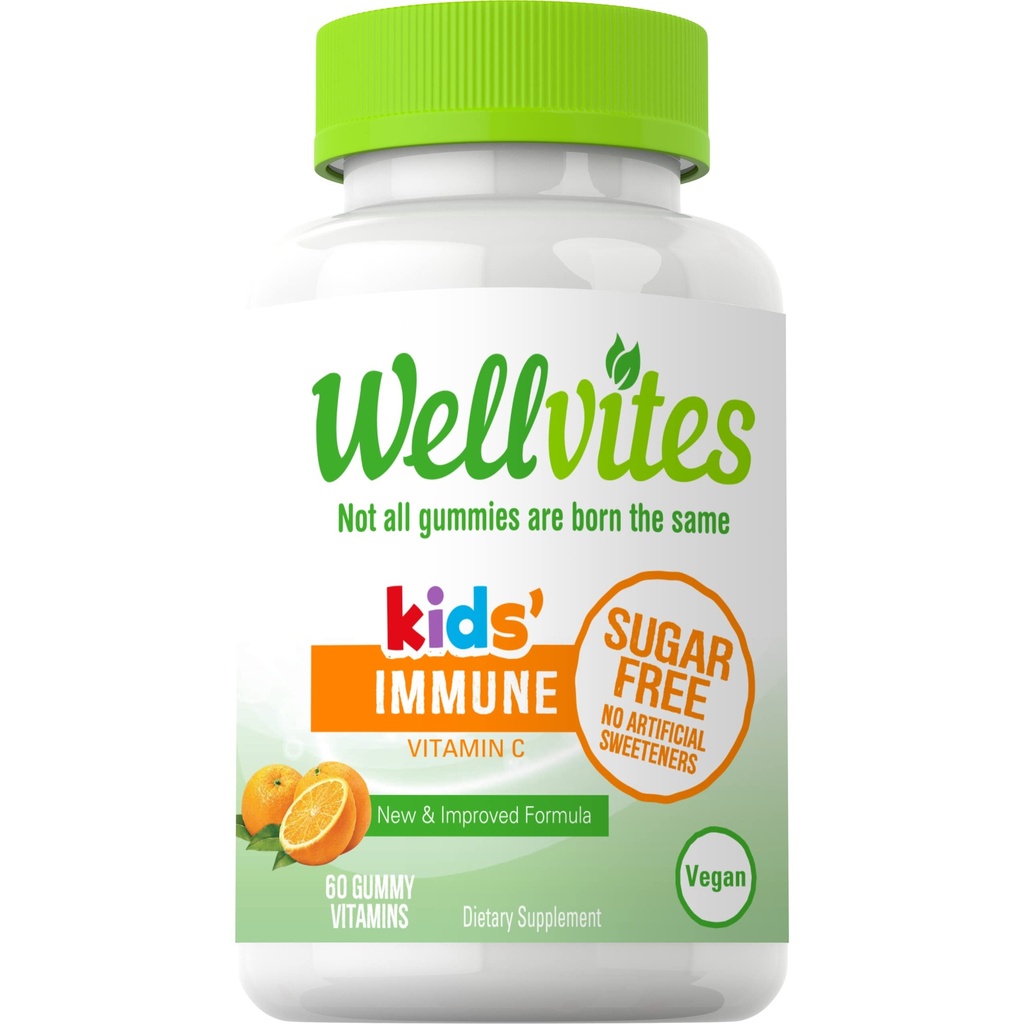 Wellvites 无糖儿童 Immune日报 Gummy Vitamins - Vegan, Non-GMO - 维生素C Gummys for Kids Immune Support, no Artificial Sweeteners, Gluten - Free, 60 Counter (30天供应).