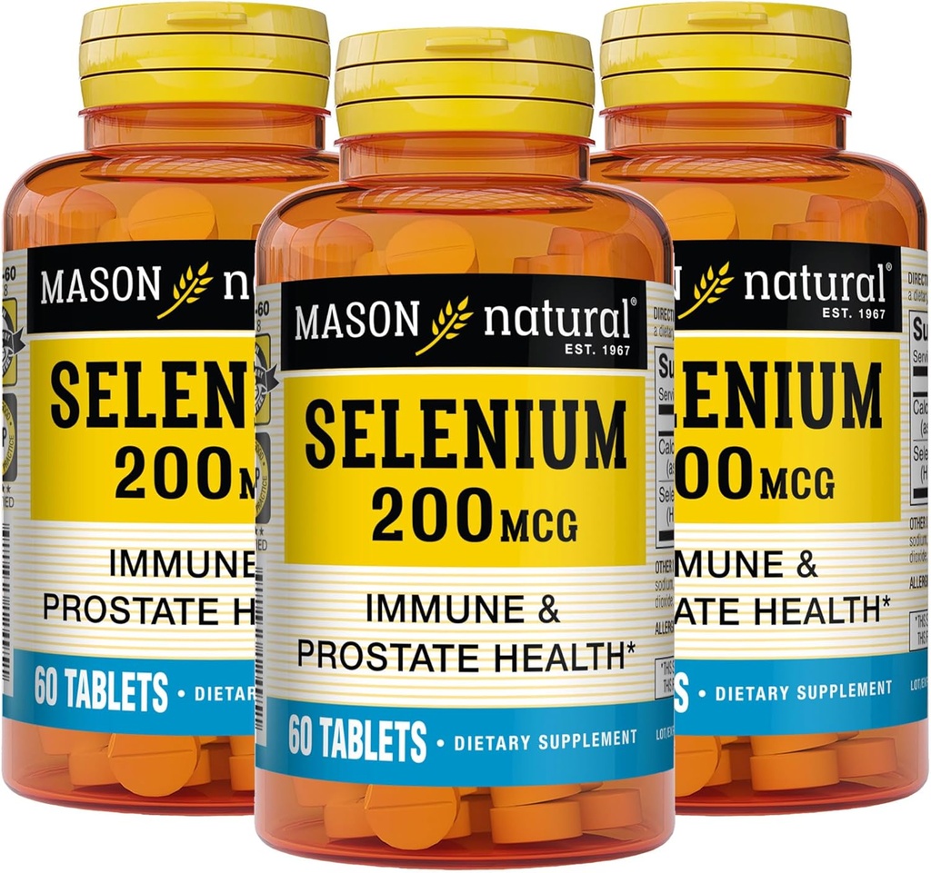 MASON NATURAL 硒 200 mcg - 抗氧化剂补充剂,用于免疫支持和前列腺健康,基本履带矿物,60块平板(3包)