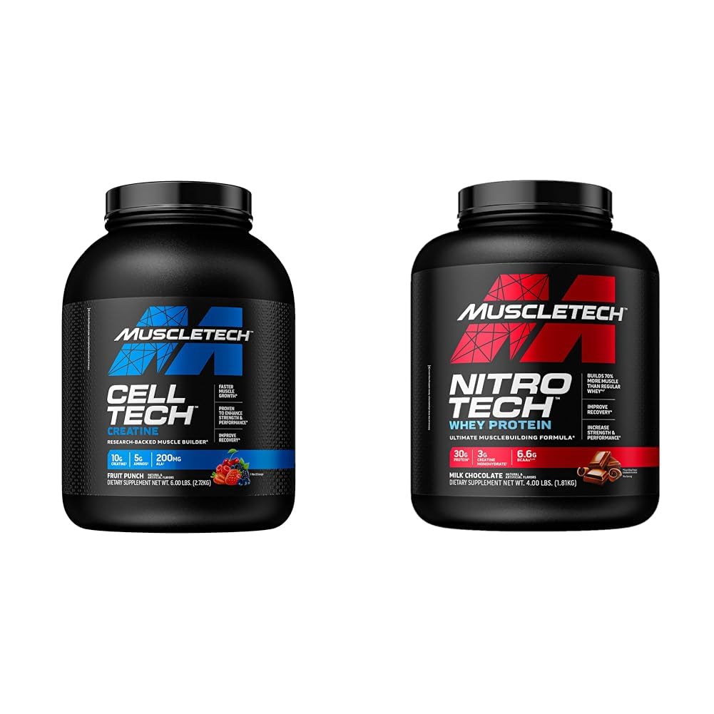 肌肉Tech Creatine Monohydrate Powder Cell-Tech Creatine Powder & n Powder Nitro-Tech Whey蛋白蛋白溶液 & Peptides 牛奶巧克力,4磅(1包),40种服务