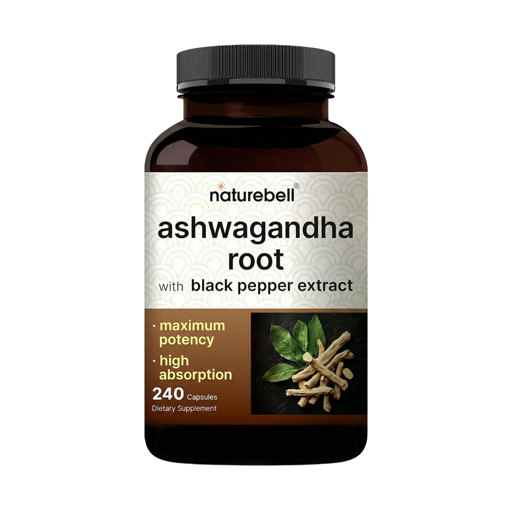 Nature Bell Ashwagandha with Black Pepper, 240 Capsules QQ 高吸附复合体 – 外强根提取 – 适应原体 用于放松的补充 – 非 GMO