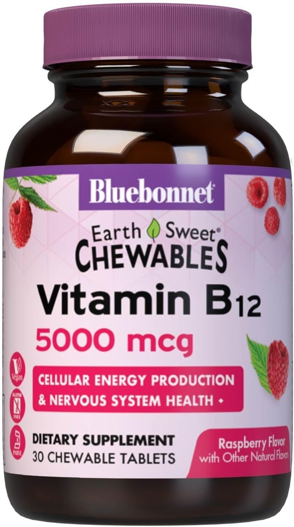 蓝本网 营养 地球 甜维生素 B12 5000 mcg Chewable牌匾,无豆,无葡萄糖,Kosher认证,无乳品,Vegan,Raspberry Flavored,30 Chewick牌匾,30 处服务