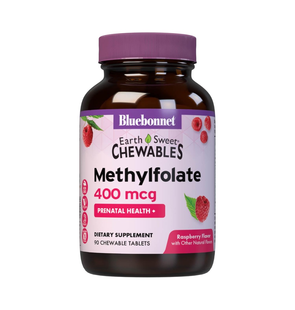 Bluebonnet Earth Sweet Methylfolate 400 mcg 细胞活性Coenzyme 5-MTHF L 甲基Folate 补充 - 产前和能量支持* - 非GMO, Vegan, Gluten - Free - Raspberry - 90 可切片