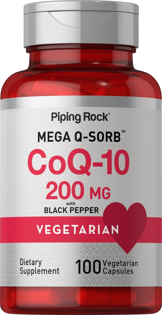 Piping Rock CoQ10 200mg Capsules QQ100 Pills 与黑胡椒抽取QQ Coenzyme Q10 男女蔬菜补充,非GMO,Gluten Free