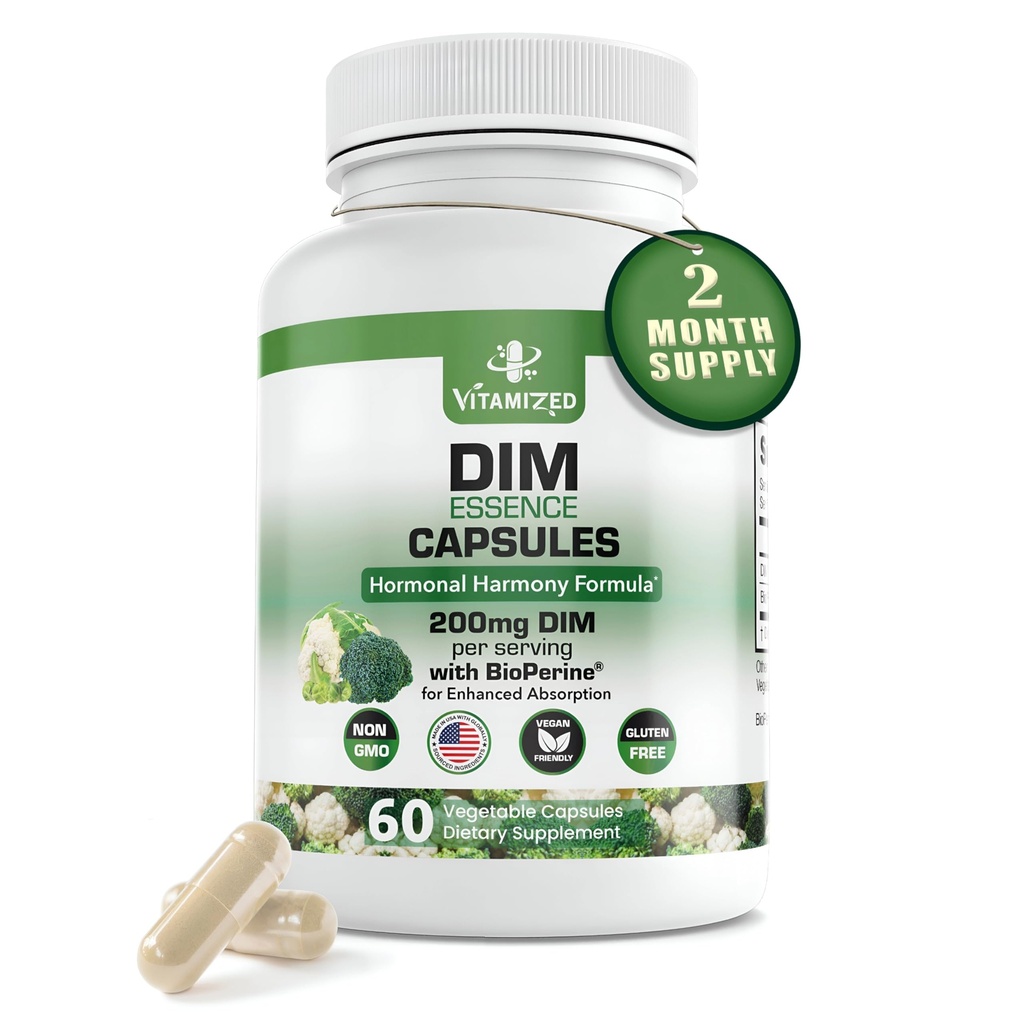 Dim Estrogen Supplement for Hormone Harmony & Skin Health, 2 Month Supply - 200 mg Diindolylmethane for Metabolism Balance, Menopause, Mood Support w Bioperine for Higher Absorption