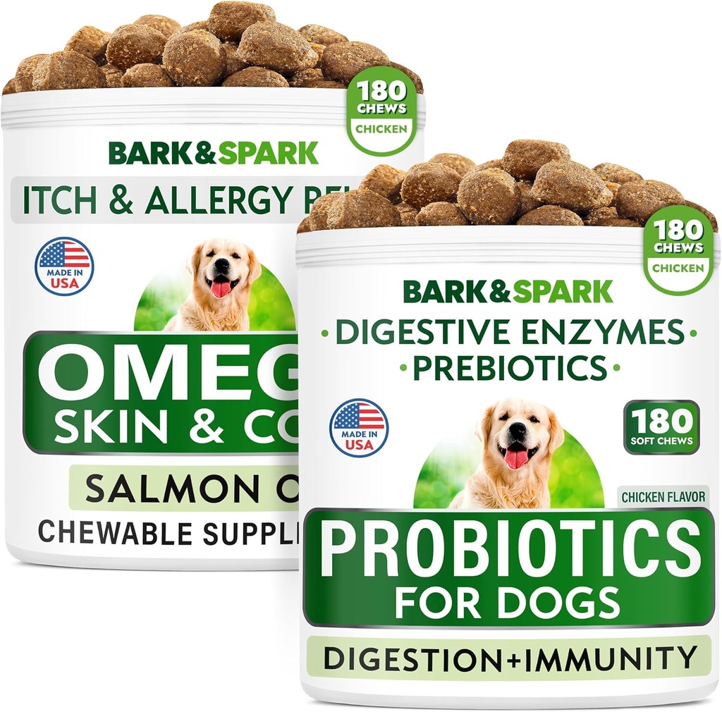 狗防腐剂 Chews + Omega 3 用于狗防腐剂 - 气体,痢疾,便秘,上位胃减肥剂 + 过敏和痒减肥剂 - 消化酶 + 预生剂 + Omega 3 - 皮肤和煤炭支持剂