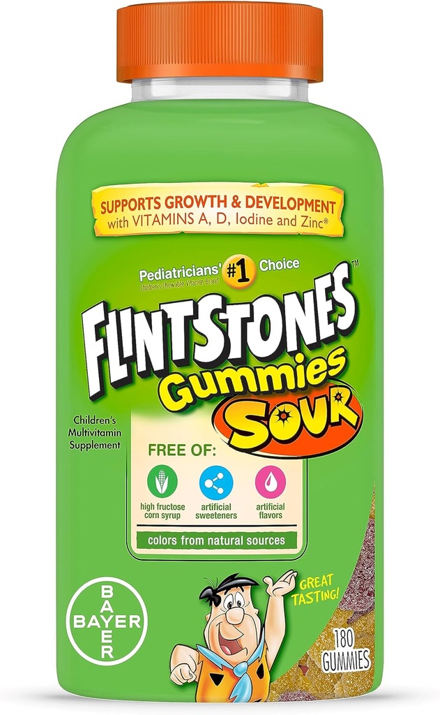 Flintstones Sour Gummy Vitamins for Kids, Kids 多维塔明 Gummys with Vitamins C, B6, B12, A & Vitamin D, 支持儿童成长与发展, 180 Counter