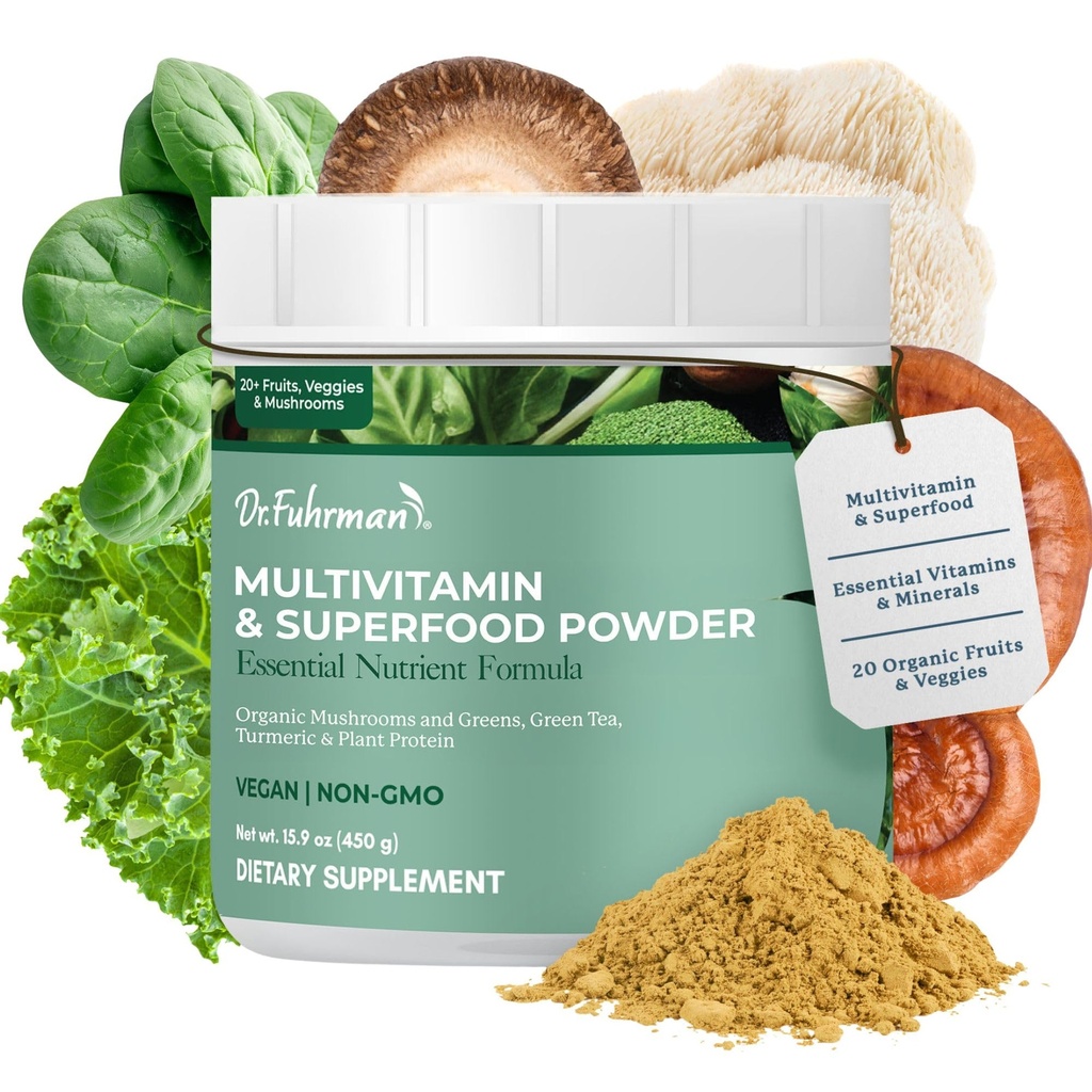 Fuhrman博士 全食绿药粉 | Premium Greens 超级食品 ow Premium Greens 多维特敏 | Powder 多维特敏 | Plantein for Imune Support & Gut Health | 有机蘑菇  Green Greens, & Turmeric | Vitamin B12, D3, K2