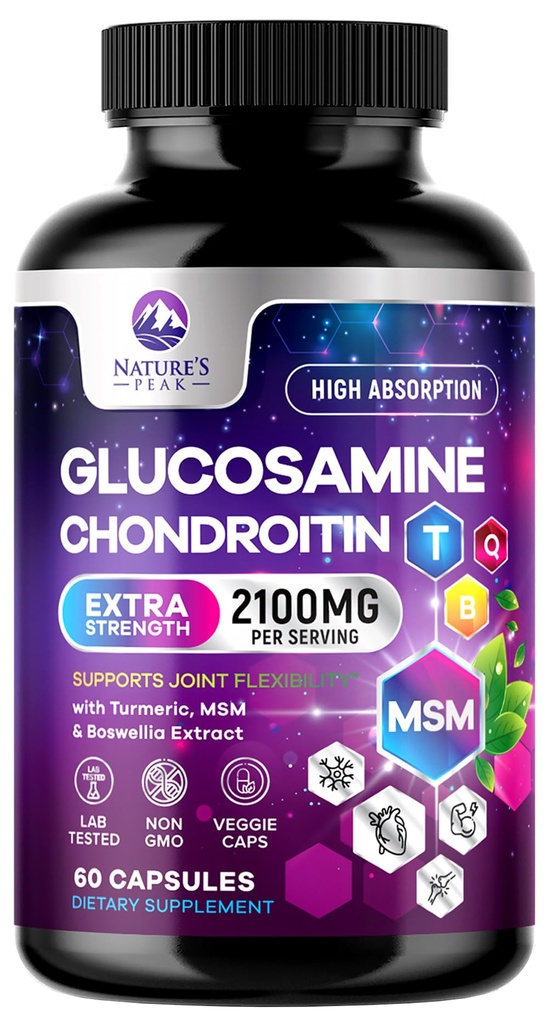 Glucosamine Chondroitin MSM联合补编2100mg - 与Glucosamine Sulfate, Turmeric, Boswellia, Quercetin & Bromelain – 自然超强灵活性,流动性和联合支持, 60 Capsules