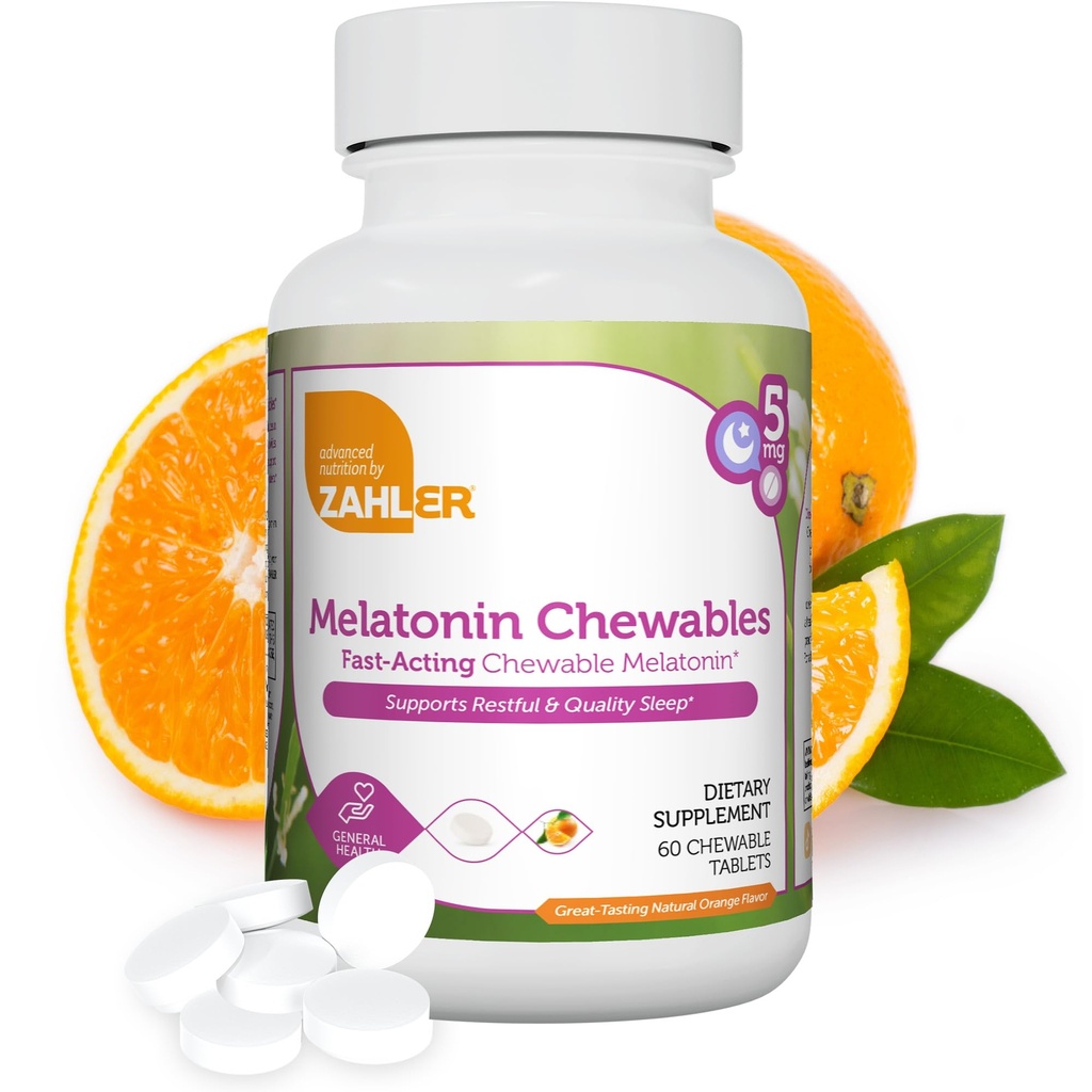 Zahler Melatonin 5 mg 平板电脑 - 快动作 Chewable Melatonin 5 mg 平板电脑 - 美味橙色火焰 - 支持休息和优质睡眠 - Kosher Non GMO 在美国饮食补充中制作, 60 counter