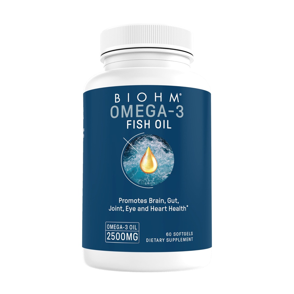 BIOHM Omega-3 鱼油(2500mg,60 Softgels) 高潜力 860mg EPA & 630mg DHA,Omega 3 脂肪酸补充剂 支持脑,联合,眼,肝和胶体健康,可持续来源