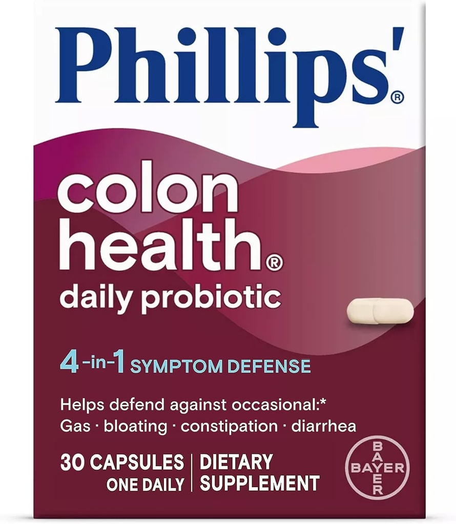 Phillips' Colon Health Daily Probiotic Capsules, 4-in-1 Symptom Defense 帮助防御偶发气体, Bloating, 便秘, 和腹泻, Daily Supplement, 30 Count