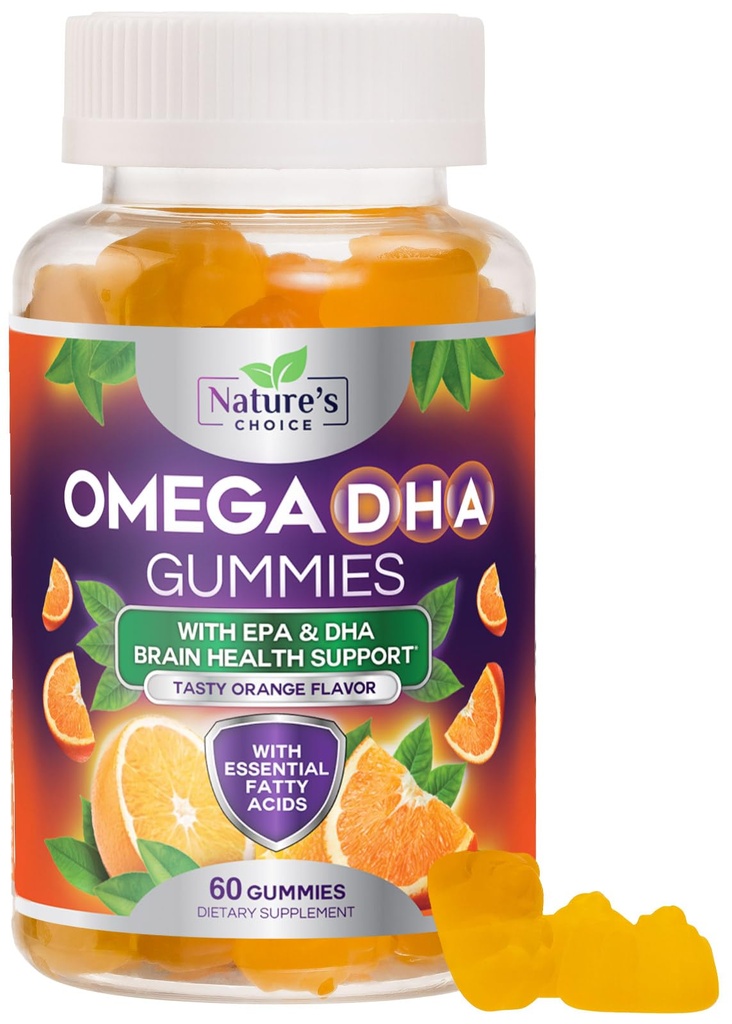 Omega 3 鱼油胶 - 三强Omega 3 Gummy - DHA & EPA 脂肪酸促进心脏健康,联合和大脑支持,自然的高吸收Omega 鱼油补充剂,橙花-60 Gummys