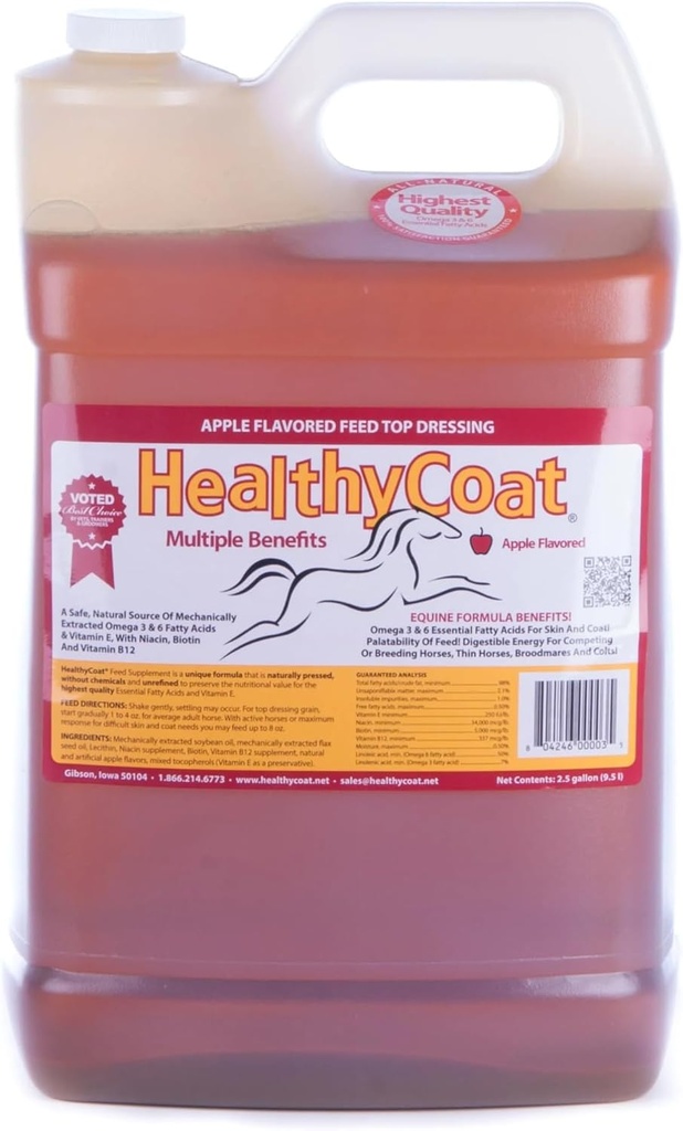 HealthyCoat Feed Supplement for Horses: 2.5 Gallon. Skin, Coat, Body Condition, Performance, Allergies, Immune System, Hoof, Joint, Omega 3 & 6 Fatty Acids