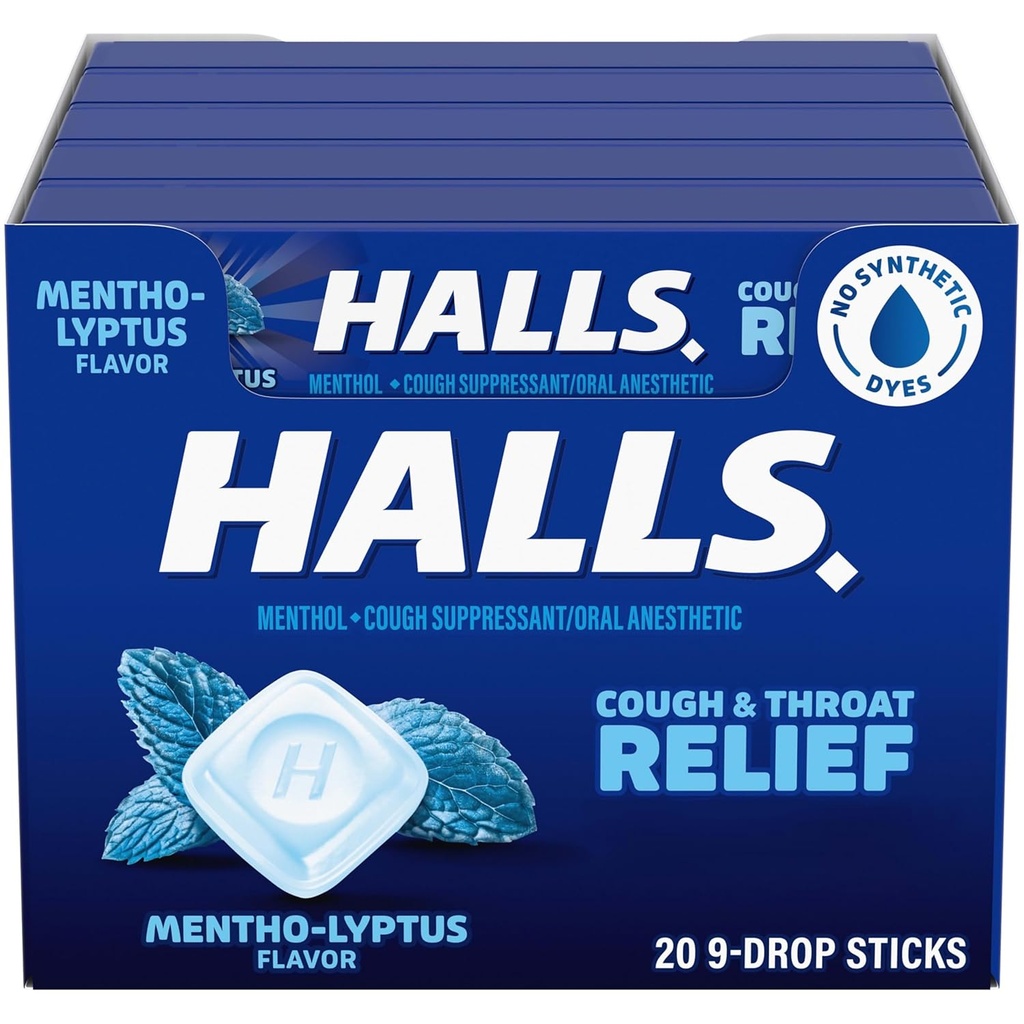 HALLS 咳嗽和喉咙救济 Mentho-Lyptus 咳嗽,20棒9(180总滴)