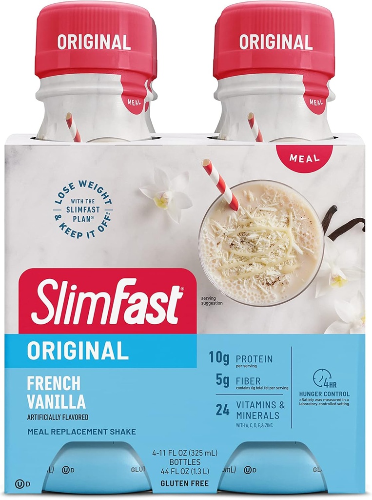 SlimFast Meal Explain Shake,原型法式香草,10g 准备饮用蛋白质减肥,11Fl. Oz瓶,4 Counter (Package May Vary)