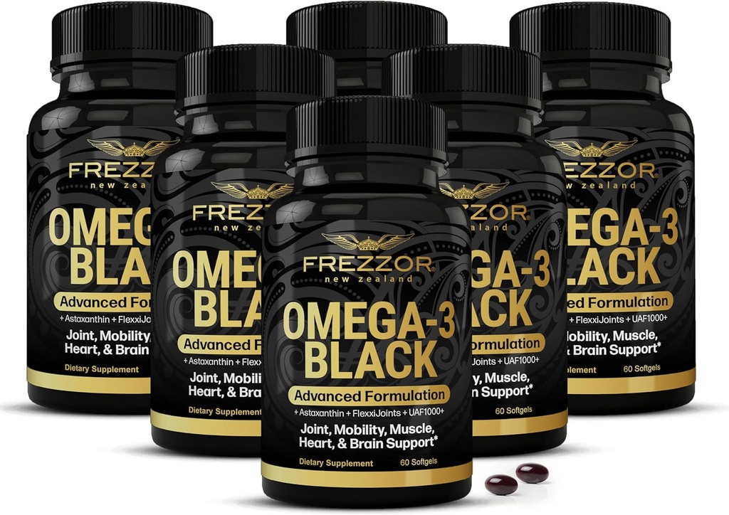 FREZZOR Omega 3 Black for Joint Care & Compfort - 新西兰绿色浸泡贻贝油盖;53x高潜质与UAF1000+超级抗氧化剂,无鱼余味,450mg,6-Pack,360软胶