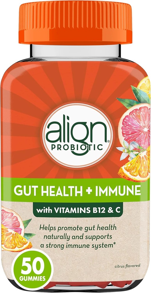 Align Probiotic, Gut健康与豁免支助, 妇女和男子的Probiotic,#1 Doctor推荐品牌,维生素C和B12用于免疫支持与能源, Citrus Flavor, 50 Gummies
