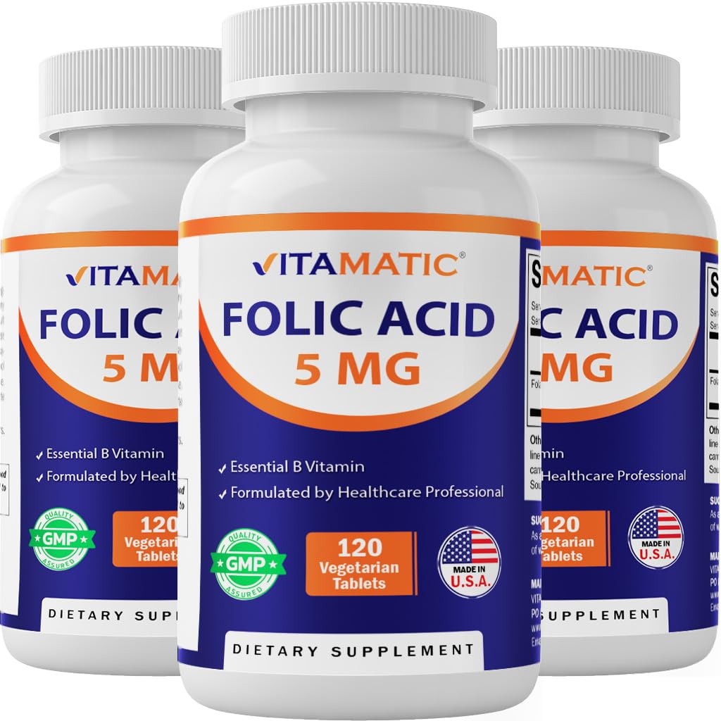 维生素酸5mg(5000mcg) – 每瓶120个蔬菜片 – 维生素B9(Folate) – 3-Pack → 总360块