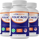 维生素酸5mg(5000mcg) – 每瓶120个蔬菜片 – 维生素B9(Folate) – 3-Pack → 总360块