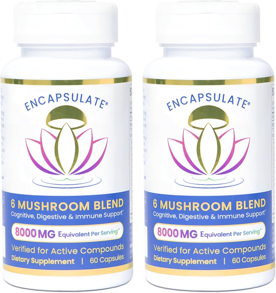 ENCAPSULATE 6 Mushroom Blend – Reishi, Chaga, Turkey Tail, Cordyceps, Lion’s Mane & Shiitake 8:1 Mushroom Extract – Nootropic & Adaptogen Mushroom Supplement for Gut, Brain & Immune Support - 120 Caps
