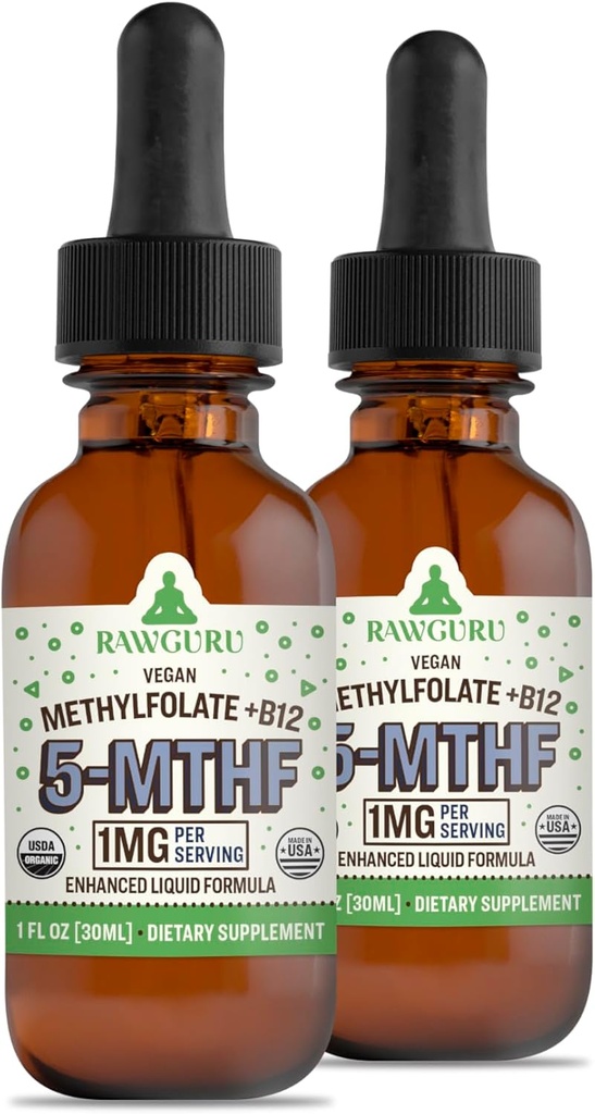 RawGuru 甲基folate 1mg + 维生素B12 - 有机 Vegan 甲基化 B12 配有 Trace Minerals - Nano-Processed & 增强液态 - 300 series of Vegan drops 每30 ml, pack of 2