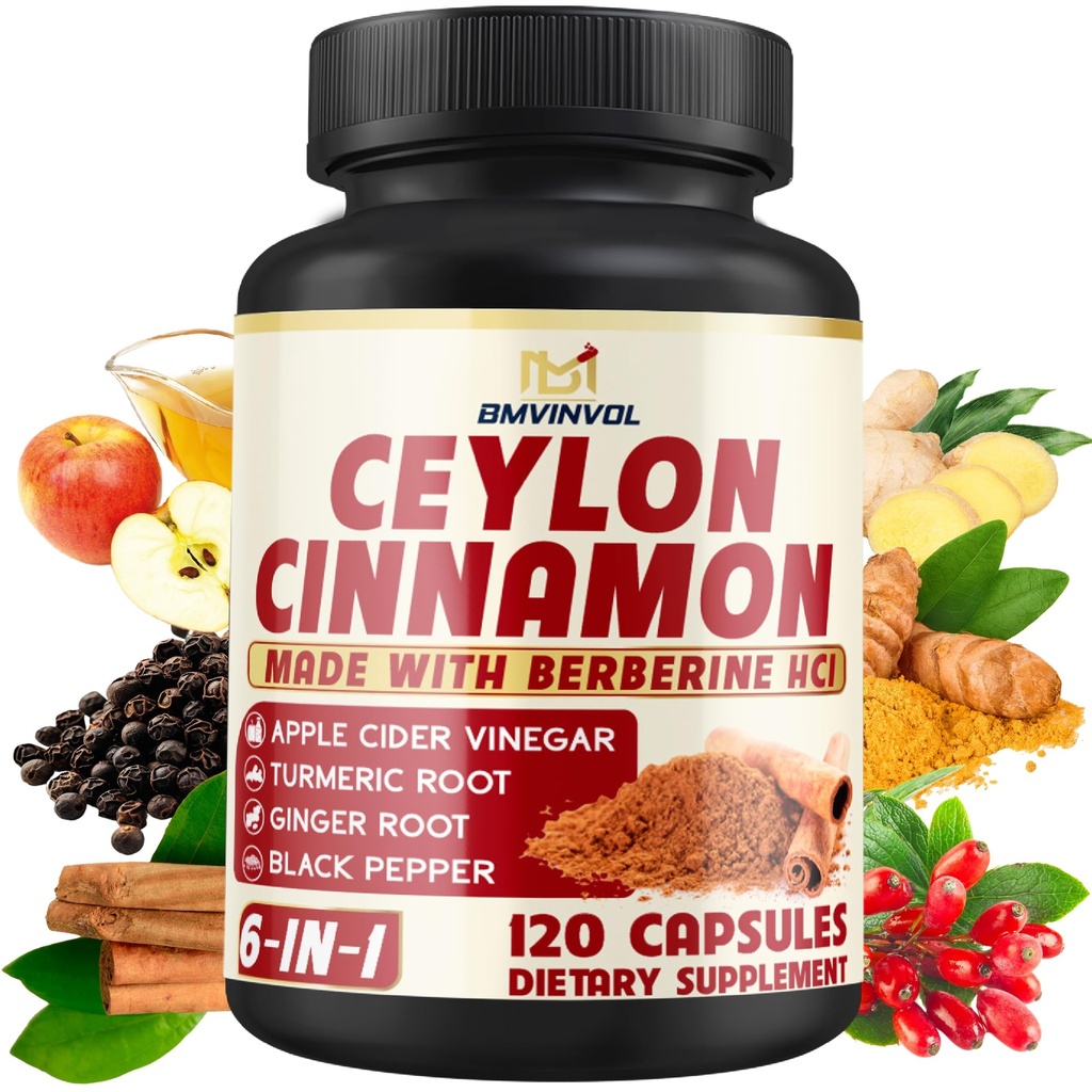 Ceylon Cinnamon Capsules 配有柏柏琳HCl,苹果苹果苹果苹果苹果苹果醋醋,Turmeric,Ginseng,黑辣椒 - 6in1 支持Imune函数 - 120 计数