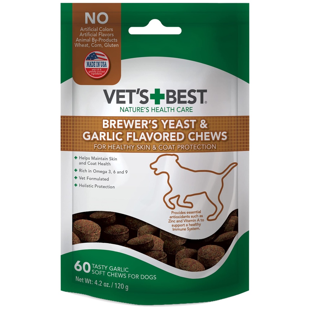 (原始内容存档于2018-07-25). Vet's Best Brewer's Yeast & Garlic Chews, Omega 3 for Dogs 健康皮肤和对狗的煤保护,用兽医推荐剂量配制的狗, Garlic Suppers, 60 ct