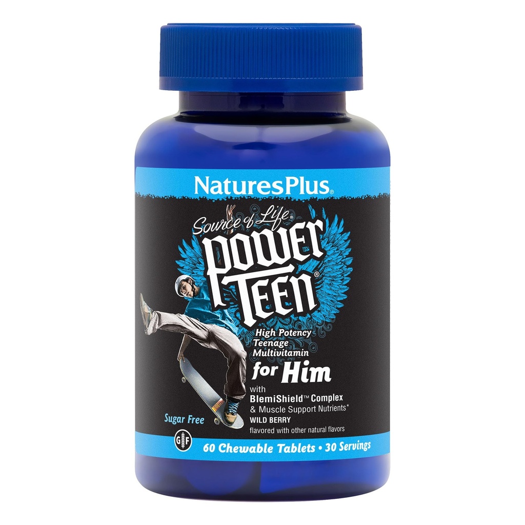 Natures Plus Power Teen for Him - 60 Chewable Tables, Wild Berry - 高位青少年 多维塔明 - 无糖, 蔬菜, Gluten Free - 30 services