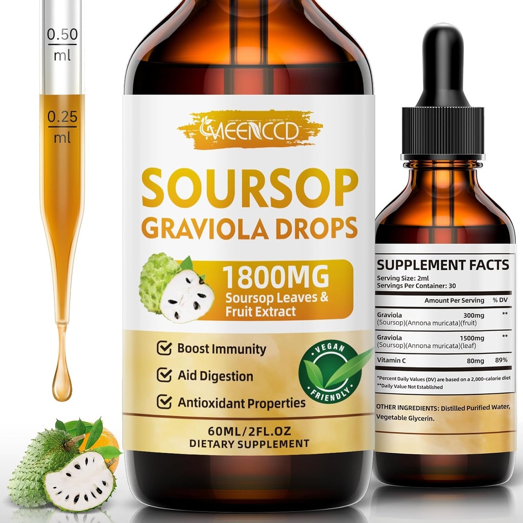 Soursop Graviola液滴1800mg,天然抗氧化剂,细胞支持和再生,Imune Boost,Soursop比特液滴,无糖,非GMO,Vegan,Orange Flavor,2 FL OZ